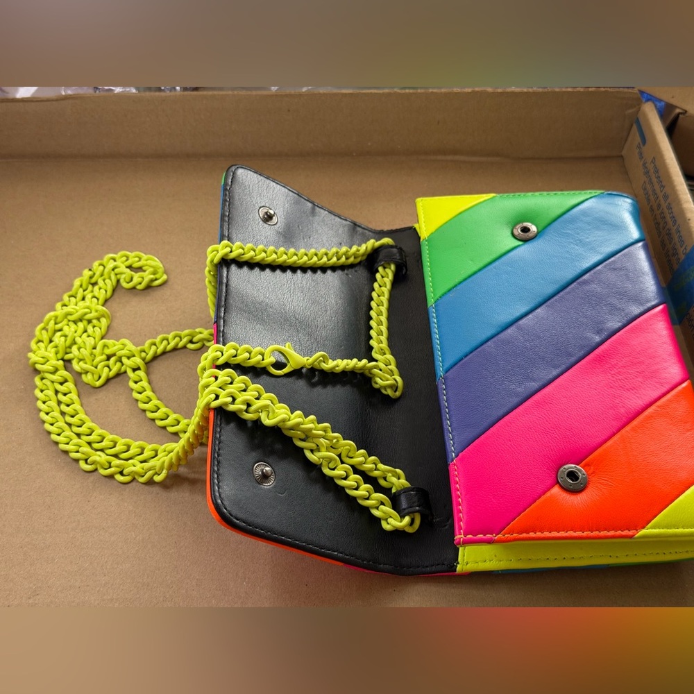 Kurt Geiger Women's Neon Striped Crossbody Bag Yellow Chain - Picture 5 of 10